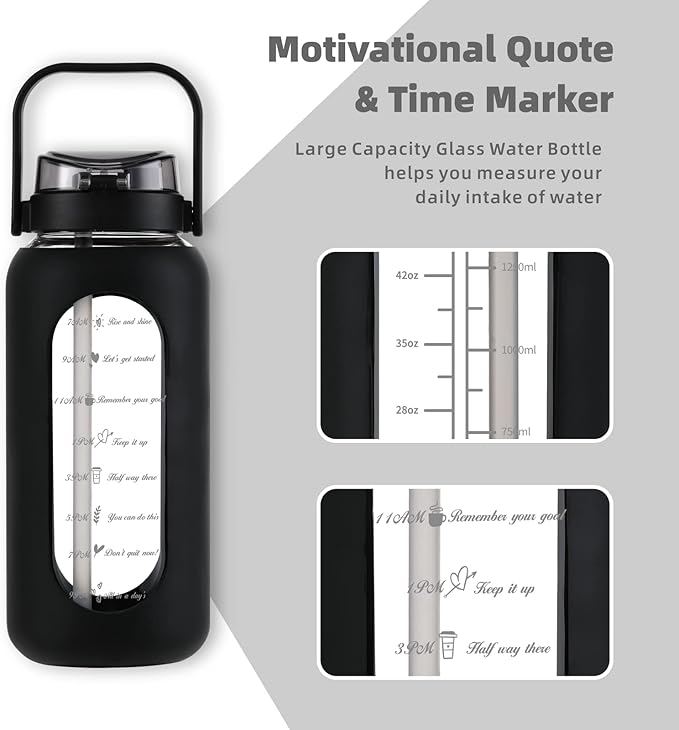 SIEROZUR 74oz Glass Water Bottle with Straw and Lid Large Gallon Water Jug with Silicone Sleeve and Handle 2.2 liter Wide Mouth Bottle with Time Marker for Gym Sports& Workout