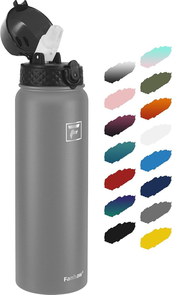 Fanhaw 32 Oz Stainless Steel Insulated Sports Water Bottles with Straw for Kids, Men and Women (Gray)