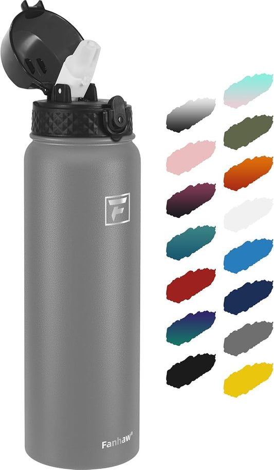 Fanhaw 32 Oz Stainless Steel Insulated Sports Water Bottles with Straw for Kids, Men and Women (Gray)