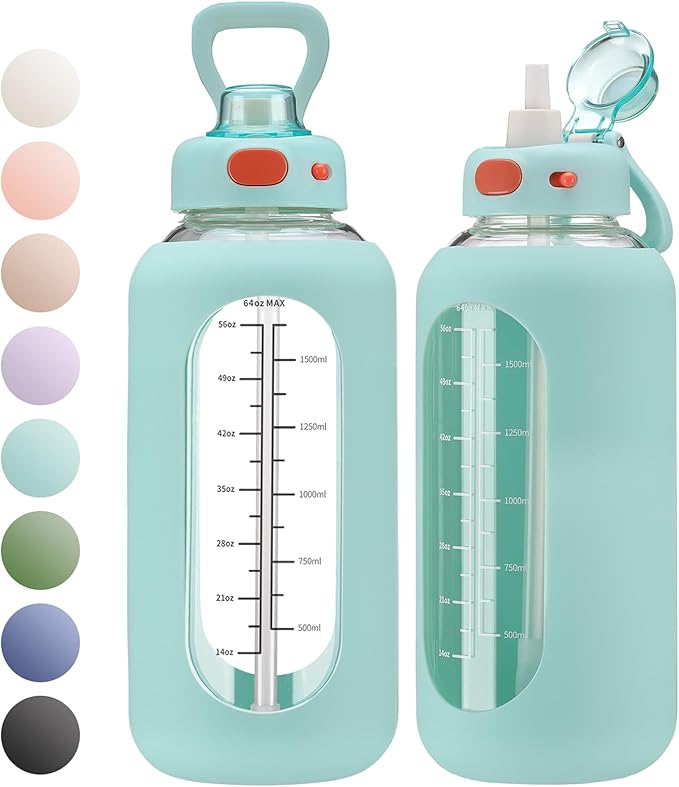 SIEROZUR 42 oz Glass Water Bottle with Straw and Handle, Large Sports Motivational Water Bottle Flask with Time Marker Leakproof Water Jug with Silicone Sleeve for Gym