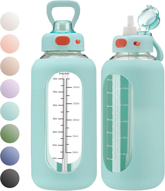 SIEROZUR 42 oz Glass Water Bottle with Straw and Handle, Large Sports Motivational Water Bottle Flask with Time Marker Leakproof Water Jug with Silicone Sleeve for Gym
