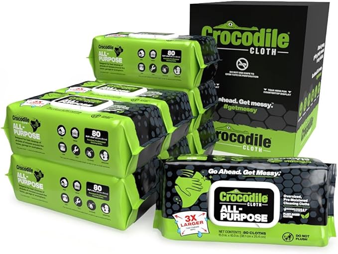 Crocodile Cloth All-Purpose Cleaning Wipes – 8 Pack/640 Total Count, 15"x10" Extra Large Plant-Based Disposable Cloths – Moist, Absorbent, Safe on Skin, Multi-Surface Use