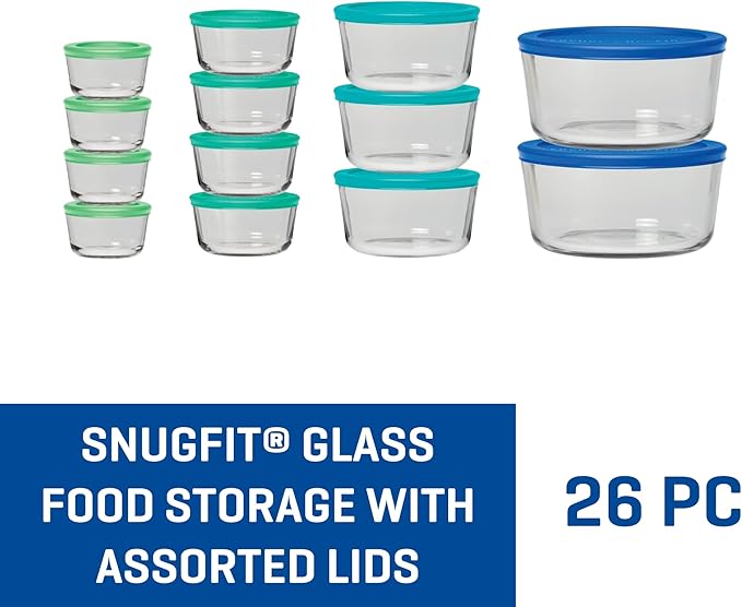 Anchor Hocking 26 Piece Glass Storage Containers with Lids (13 Glass Food Storage Containers & 13 Mixed Blue SnugFit Lids)