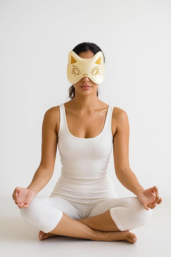 Silk Sleep Mask Blindfold Eye Mask for Sleep Cute Cat Print Embroidered Eye Cover Adjustable Oversized Egyptian Bastet with Gift Box&Pouch（Isis Ivory-Elastic Strap）