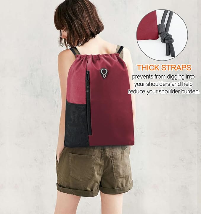 BeeGreen Maroon Drawstring Backpack Gym Bag For Men & Women – Sports Sackpack with Mesh Water Bottle Holder & 2 Zippered Pockets – Large 16x20 Inch Cinch String Backpack