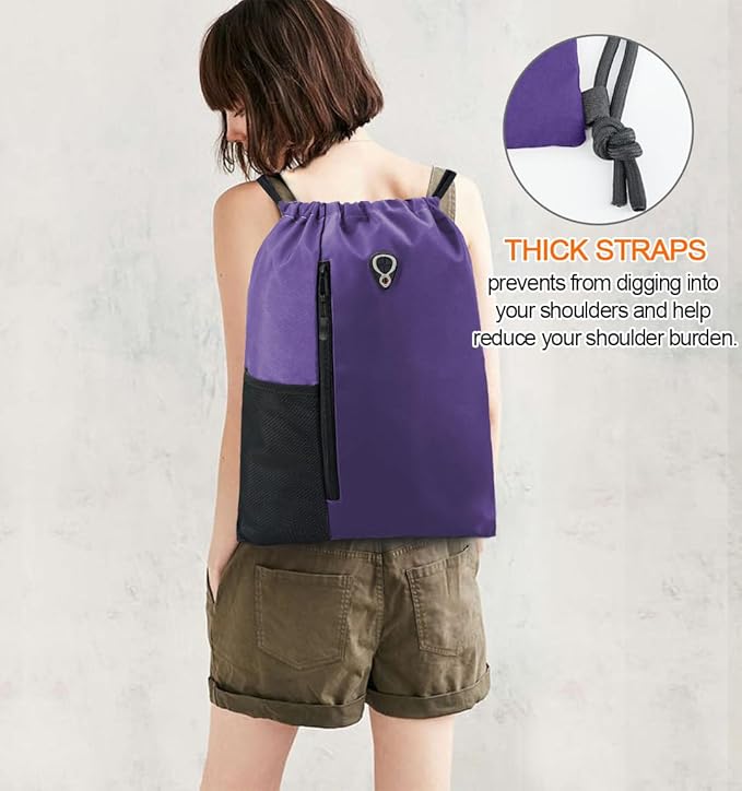 BeeGreen Dark Purple Drawstring Backpack Gym Bag For Men & Women – Sports Sackpack with Mesh Water Bottle Holder & 2 Zippered Pockets – Large 16x20 Inch Cinch String Backpack