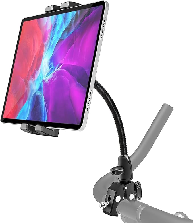 Gooseneck Metal Spin Bike Tablet Holder Mount, Indoor Handlebar iPad Holder for Treadmill, Exercise Bike, Stationary Bicycle, Peloton, Elliptical for iPad Pro 12.9 Air Mini, Galaxy Tabs, Phones(4-13”)