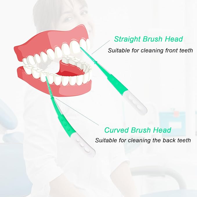 Dental Floss Picks with Soft Rubber Brush Heads, Straight and Curved Brush Head Design, 288 Count,Green