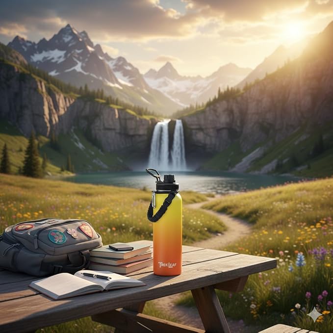 Travel Water Bottle with Carrying Bag, 3 Lids (Spout, Straw, Handle), and Bottle Brush; Leak Proof, Quality, Vacuum Insulated, Stainless Steel (Sunrise, 40 oz)