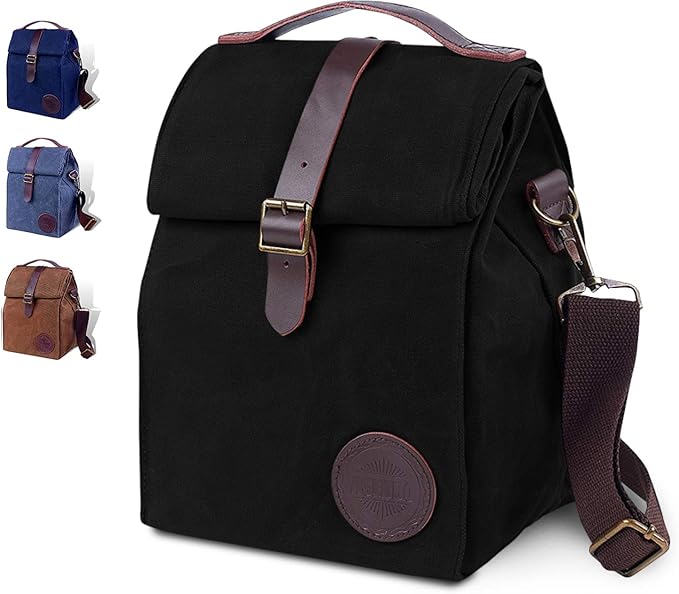 Insulated Lunch Bag for Women & Men - Reusable & Leak Proof Lunch Box Cooler Bag for Work, Beach, Travel for Adults with Shoulder Strap, Father's Day Gift - Waxed Canvas (Black) - Reusable Bag
