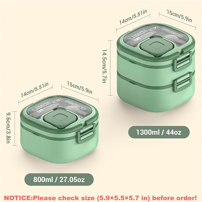 Double-Layer Bento Lunch Box for Kids & Adults with Removable Stainless Steel Dividers,Dressing Container,BPA-Free,Dishwasher Safe - Includes Utensil,(Green,Non-Insulated)