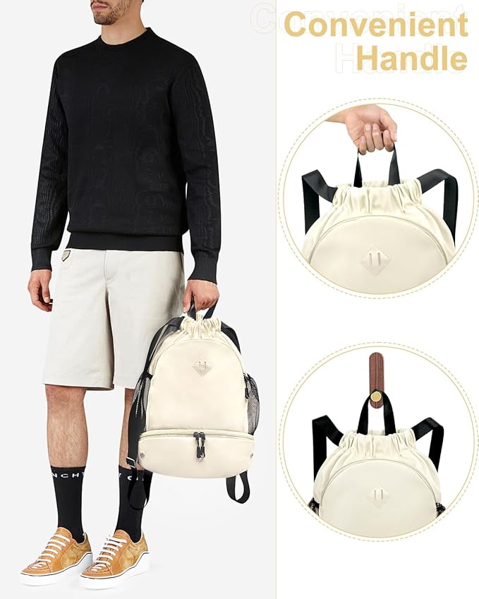 Drawstring Backpack Gym Backpack with Shoe Compartment for Men Women String Sports Bag with Wet Pocket Cinch Swim Beach Bag, Beige (Patent Pending)