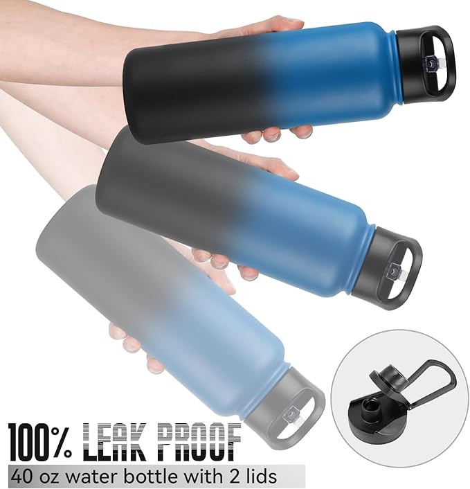 40 oz Insulated Water Bottle with Straw, Stainless Steel Sports Water Bottles with 2 Lids (Straw and Wide Mouth lid), Double Wall Vacuum, Leakproof, BPA-Free, Blue Black Gradient
