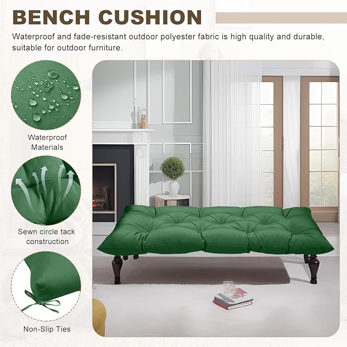 Outdoor Bench Cushion 47inches Waterproof & Fade Resistant Patio Furniture Cushions Tufted Fresh Porch Swing Lounger Loveseat Pads with Straps(Dark green-47x20in)