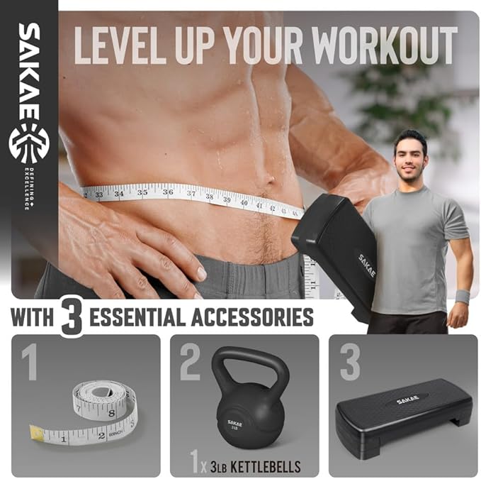 Adjustable Height Aerobic Stepper Set, Multiple Bundle Options with Dumbbells, Kettlebell, Waist Trimmer, Ankle Weights or Weighted Vest, Workout Exercise Step Platform w/Level Risers, 4 Colors