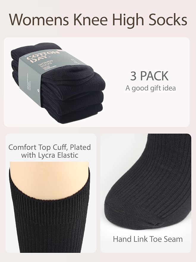 COTTON DAY Women's Soft Combed Cotton Knee High Long Calf Dress Socks Seamless Toe Black White Gray Navy Blue Brown