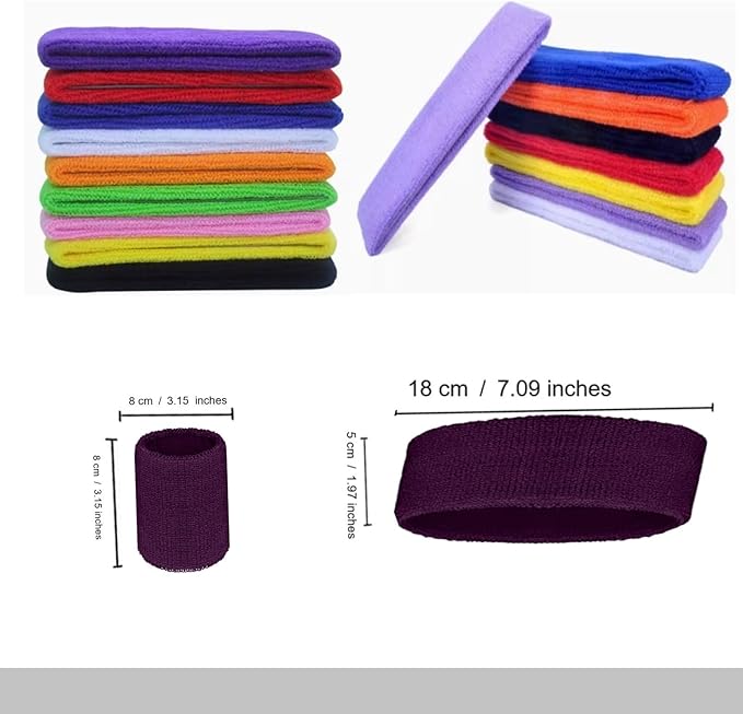 24 Pcs Neon Sweatbands Set Include 8 Pcs Sports Headband and 16 Pcs Cotton Wristbands 80s Neon Sweat Bands Bulk for Gym, Tennis, Basketball, Running, Exercise