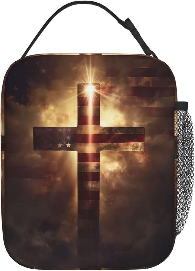 Insulated Lunch Box for Women Men, American Flag Cross Lunch Box Reusable Portable Lunch Bag Cooler Tote Waterproof Lunch Container for Office Picnic Work Travel Hiking
