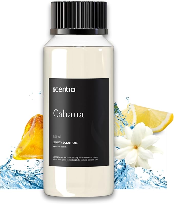 Scentia Hotel Diffuser Oil Inspired by 5-Star Hotel Scent - 120 mL 4.06 fl oz - Essential Oil Blend Botanical Jasmine, Bergamot & Fresh Marine Notes for Aromatherapy Diffusers - Cabana