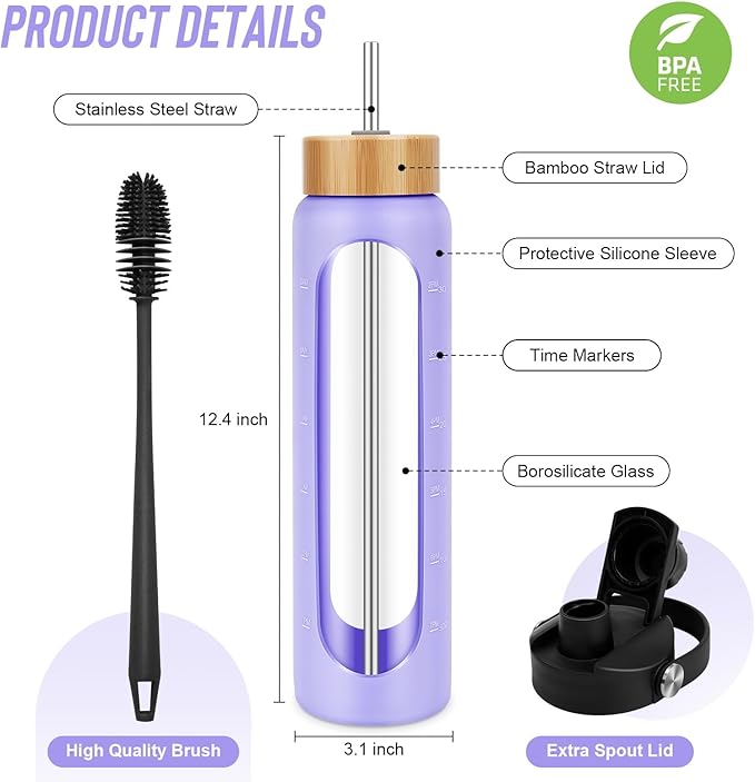 32 oz Glass Water Bottles - 1 Liter Motivational Tumbler Water Bottle Time Marker - Borosilicate Glass Water Bottle With Silicone Sleeve and 2 Lids, Handle Spout & Bamboo Straw Lid