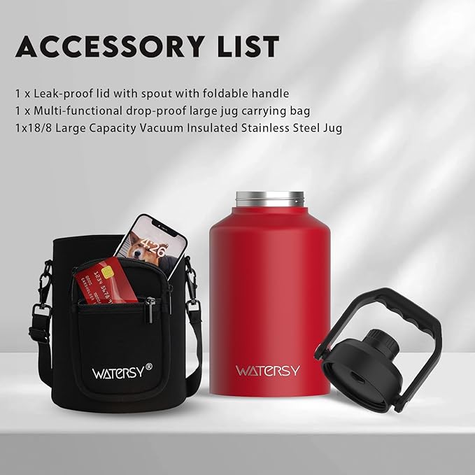 Half Gallon Water Bottle Insulated(Cold for 48 Hrs),BPA Free&Leak Proof,64oz Stainless Steel Water Jug/Flask,Big thermo,Large Water Bottle with Handle for Gym,Hiking,Camping,Red