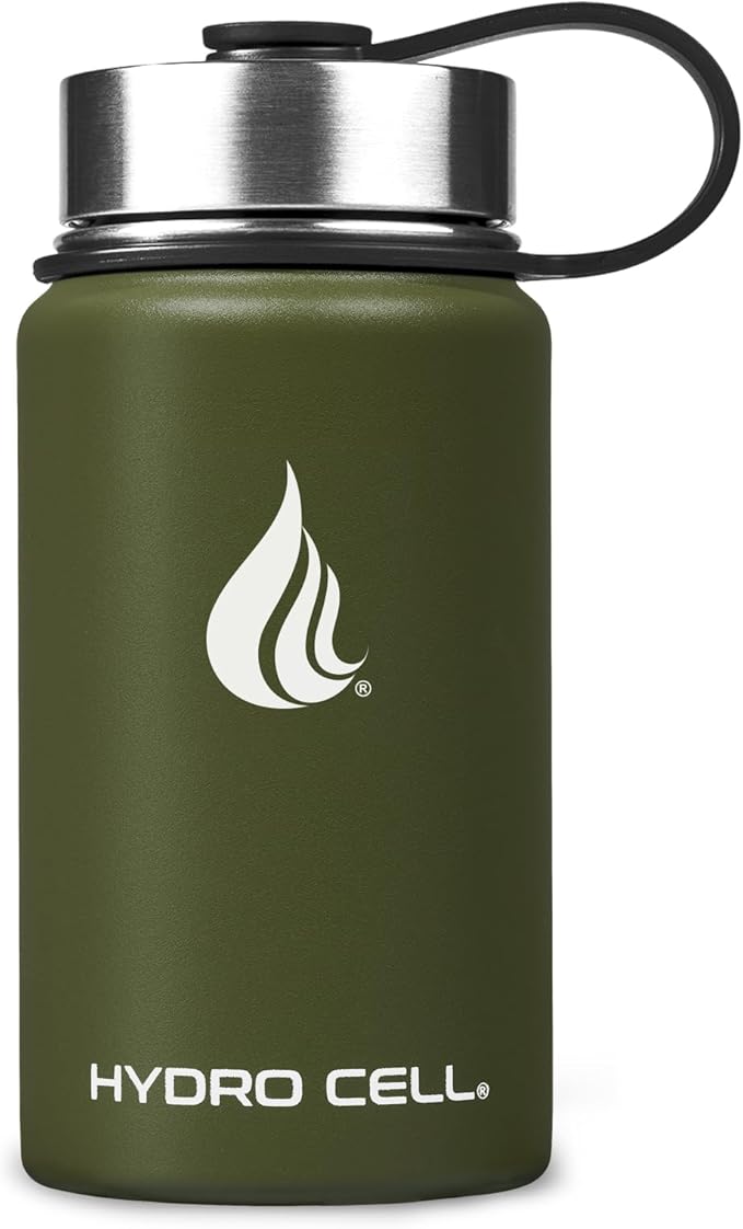 HYDRO CELL Stainless Steel Insulated Water Bottle with Straw - For Cold & Hot Drinks - Metal Vacuum Flask with Screw Cap and Modern Leakproof Sport Thermos for Adults (Army 14oz)