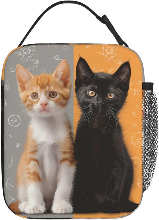 Insulated Lunch Box for Women Men, Yellow and Black Cat Lunch Box Reusable Portable Lunch Bag Cooler Tote Waterproof Lunch Container for Office Picnic Work Travel Hiking
