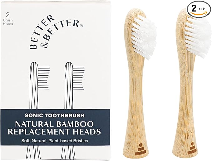 Better & Better Bamboo Sonic Toothbrush Replacement Heads | Replaceable Bamboo Sonic Brush Heads w/Soft, Plant-Based Bristles for High-Polish, Gentle Clean | Whitens Surface Stains & Removes Plaque