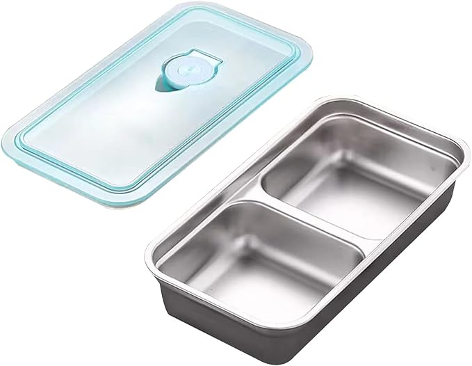 Stainless Steel Snack Containers for Kids and Adults [2/4/6-Pack Set] Reusable Food Storage Container Set with Lids-2 Compartment Bento Box for Lunch,Travel, Meal Prep- Leakproof & Dishwasher Safe(2)