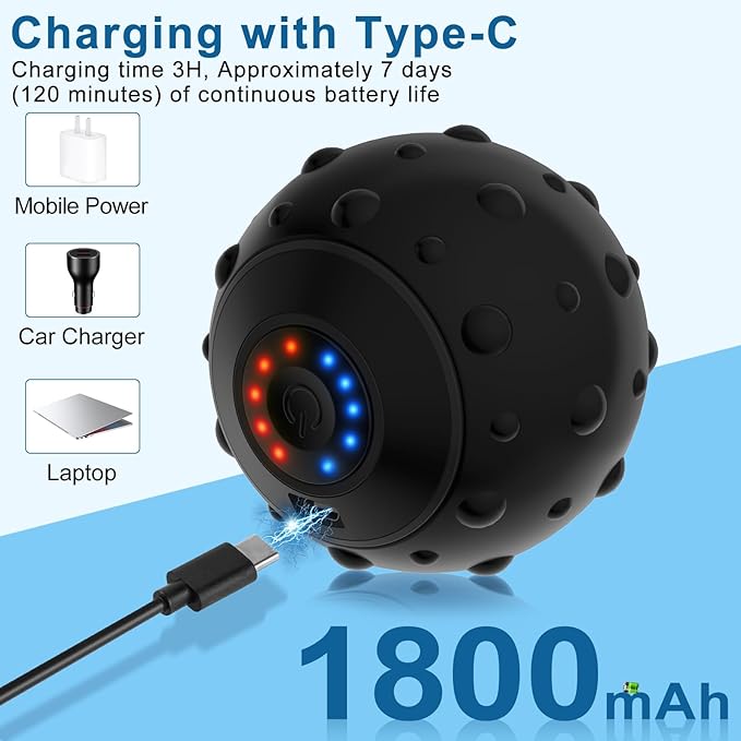 Vibrating Massage Ball 5-Speed，Next Generation Vibrating Ball Physical Therapy for Muscle Massage and Myofascial Trigger Point Release ，Relieves Muscle Pain & Tightness, Improves Mobility & Circula