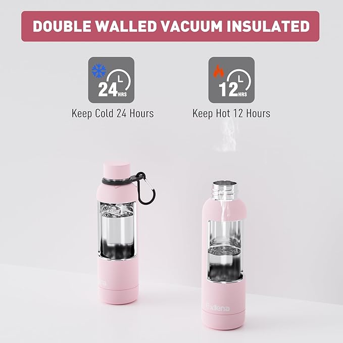 Slim Insulated Water Bottles for Travel 18oz with Clip, Double Wall Vacuum Stainless Steel Water Bottle Keeps Drinks Cold 24 Hrs/Hot 12 Hrs, 100% Leakproof, BPA Free(Pink)