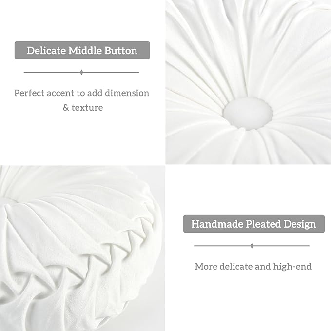 HIG Set of 2 Decorative Round Pleated Throw Pillows, Classy Accent Pumpkin Throw Pillows with Center Button, Vintage Velvet Floor Pillows for Sofa Vanity Chair Bed, White, 14.5" Diameter(Ripple)