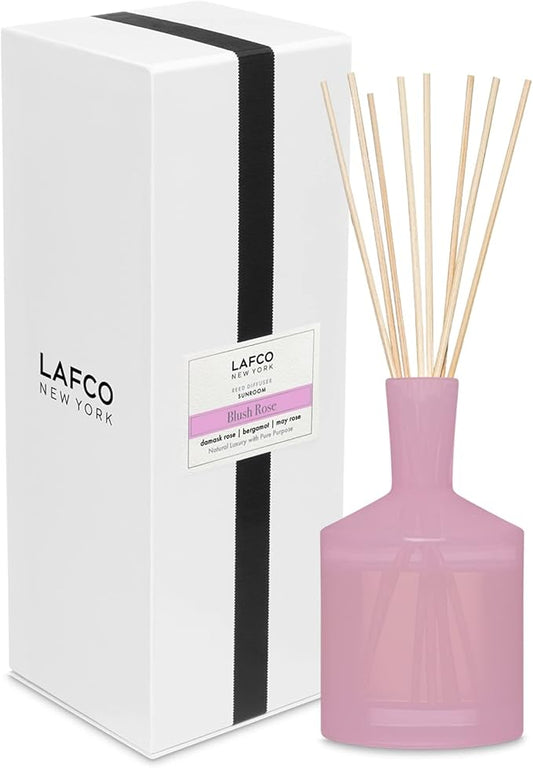 LAFCO New York Classic Reed Diffuser, Blush Rose - 6 oz - Up to 3 Months Fragrance Life - Reusable Glass Vessel - Natural Wood Reeds - Made in The USA