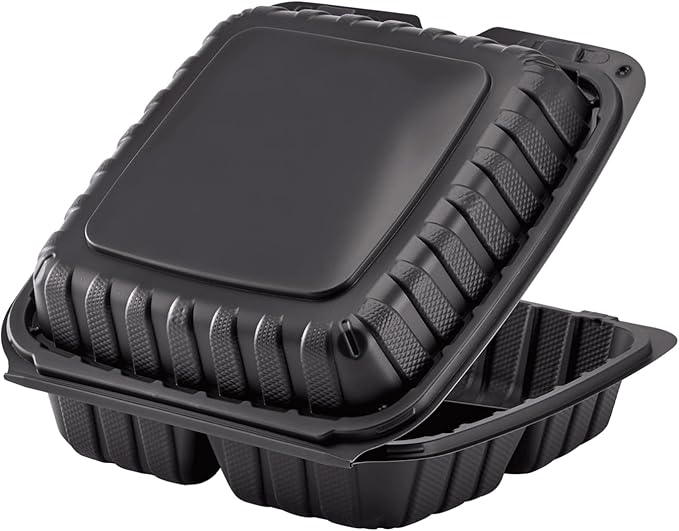 KARAT EARTH Clamshell Take Out Food Containers [9"x9" - 120 ct] To Go Containers | 3 Compartment, Soak-Resistant, Durable, Stackable | Vented for Hot/Cold Foods, Black