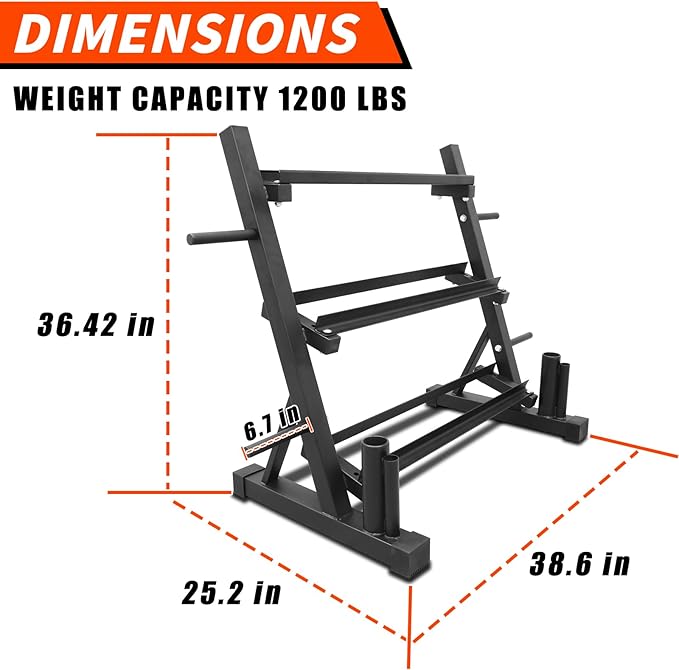 PENSUN 1200LBS Dumbbell Rack – 3 Tier Adjustable Weight Storage Stand with Side Barbell Plate Holder – Multi Purpose Home Gym Organizer for Dumbbells, Kettlebells, Barbell – Heavy Duty Alloy Steel