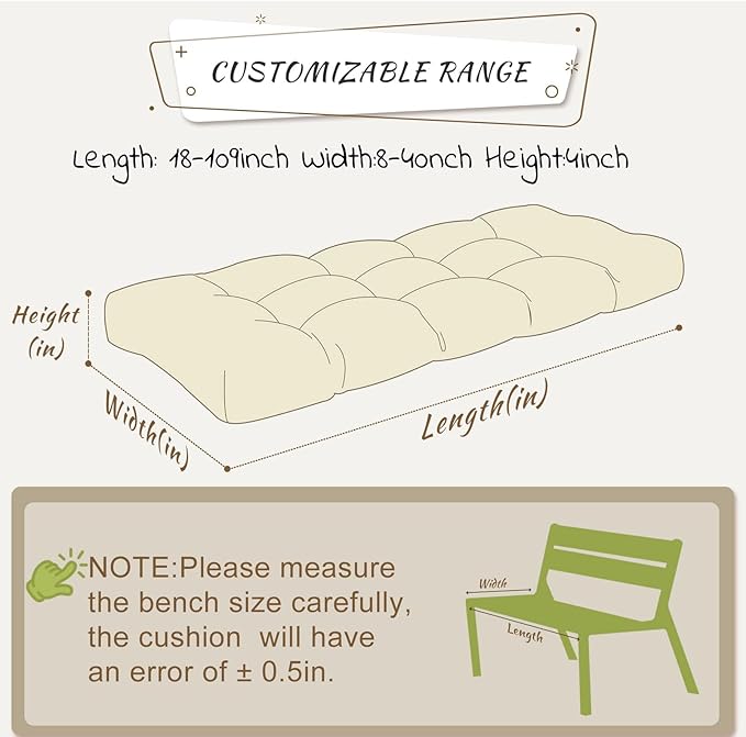 Custom Tufted Bench Cushion with Removable Washable Cover, High-Density Memory Foam, Customize Fabric Size Color Bench Cushion for Indoor/Outdoor Furniture Window Seat/Garden Waterproof