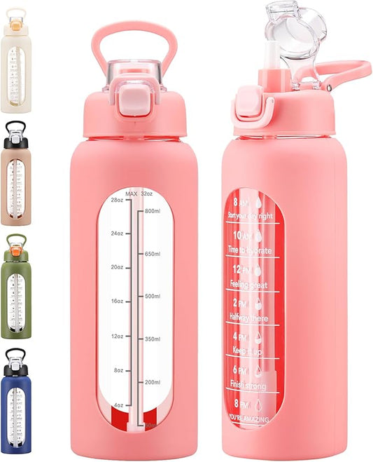 32 oz Glass Water Bolttles with Straw Large Motivational Water Bottle with Time Marker Sports Water Bottles with Silicone Sleeve and Handle Lid Water Jug for Gym Workout