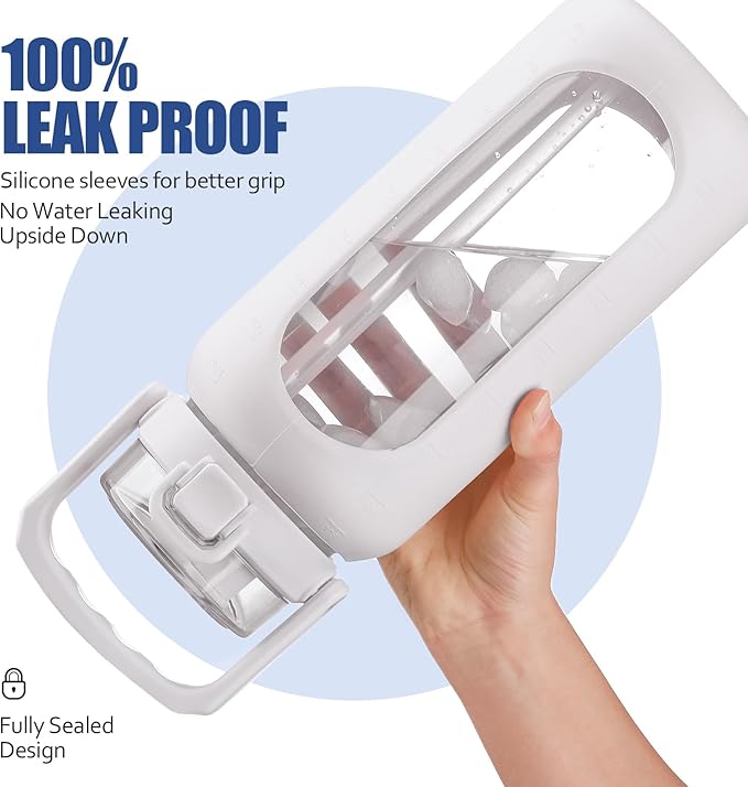 BLUEGO 64oz Glass Water Bottle with Handle and Straw, Motivational Sports Water Bottle with Time Marker and Silicone Sleeve Leakproof Drinking Bottle for Travel Gym Workout, White