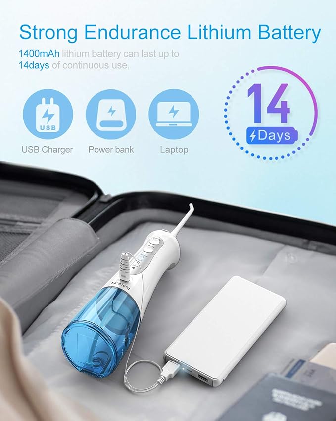 Cordless Water Flosser Teeth Cleaner, Nicefeel 300ML 2 Tip Cases Portable and USB Rechargeable Oral Irrigator for Travel, IPX7 Waterproof, 3-Mode Water Flossing with 4 Jet Tips for Home
