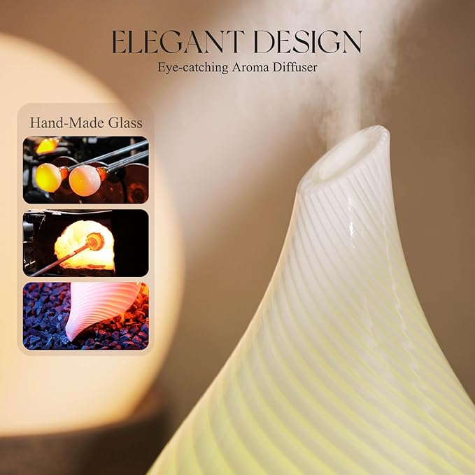 Porseme 150ml Essential Oil Diffuser Glass Color Changing Aroma Air Diffusers Aromatherapy Ultrasonic Cool Mist Humidifier 6 Running Hours Waterless Auto-Off for Sleeping Yoga Office Spa (Pure White)