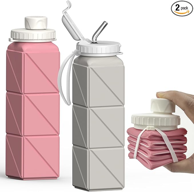 Collapsible Water Bottles 20.6oz 2 Pack, Silicone Foldable Portable Travel Water Bottle, Lightweight Reusable Leakproof for Travel Camping Hiking Cycling Yoga Sports Outdoor (Pink+Starlight)