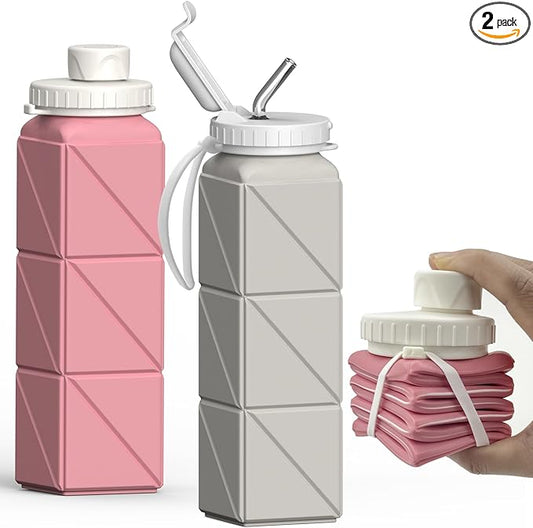 Collapsible Water Bottles 20.6oz 2 Pack, Silicone Foldable Portable Travel Water Bottle, Lightweight Reusable Leakproof for Travel Camping Hiking Cycling Yoga Sports Outdoor (Pink+Starlight)