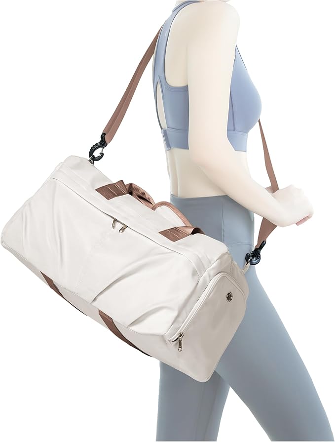 Gym Bag for Women Men with Shoe Compartment, Sport Duffel Bag, Waterproof Travel Weekender Overnight Carry on Bag for Yoga with Trolley Sleeve, Beige Brown