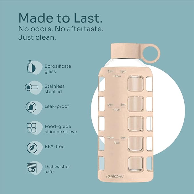purifyou 40oz / 32oz / 22oz / 12oz Borosilicate Glass Water Bottle with Time & Volume Markers, Silicone Sleeve, Stainless Steel Lid | Reusable Glass Bottle for Water & Juice (22oz Hazelnut)