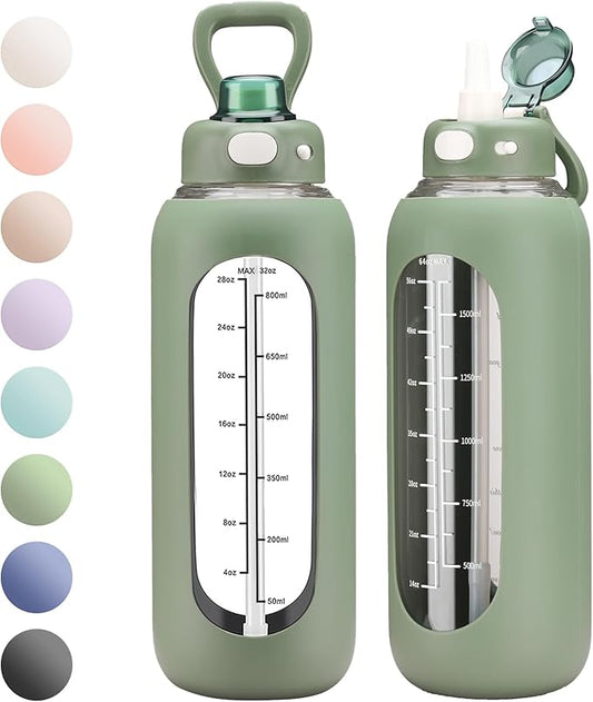 SIEROZUR 32 Glass Water Bottle with Straw and Handle Motivational Water Bottles with Silicone Sleeve and Time Marker Leakproof Borosilicate Water Bottle for Gym Home Office