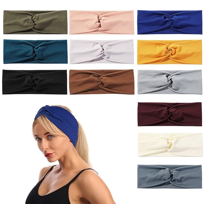 Artilady 12 Pack Boho Headbands for Women - Soft Yoga Elastic Hair Bands for Girls Workout Running Sport Head Wrap Non-slip Breathable (Q)