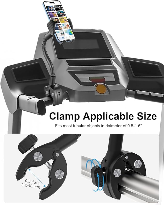 Gooseneck Phone Holder for Wheelchair, Stroller, Golf Cart, Boat, Mic Stand, Indoor Cycling Bike, Gym Bicycle Handlebar Clamp, Compatible with iPhone 16 Pro Max/15/14/13/12, Android and All Smartphone