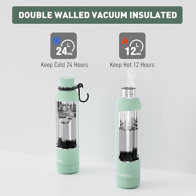Slim Insulated Water Bottles for Travel 25oz with Clip, Double Wall Vacuum Stainless Steel Water Bottle Keeps Drinks Cold 24 Hrs/Hot 12 Hrs, 100% Leakproof, BPA Free(Mint)