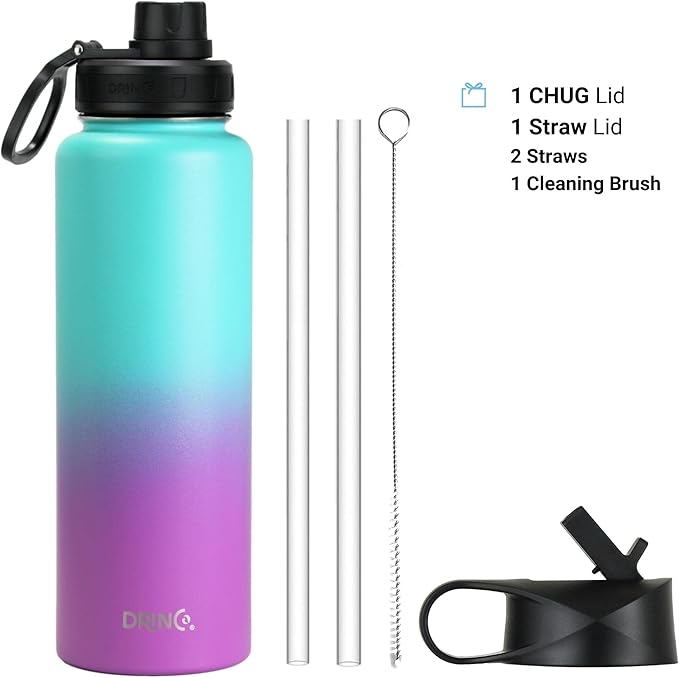 DRINCO Stainless Steel Water Bottle Spout Lid Vacuum Insulated Double Wall Water Bottle Wide Mouth (40oz 32oz 22oz 18oz 14oz) Leak Proof Keep Cold Sport Camping Hiking (40 oz, 40oz Ombre Fuchsia Teal)