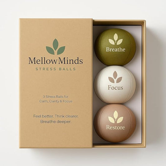 MellowMinds Stress Balls for Adults – 3-Pack Therapy & Sensory Balls for Stress Relief, Lycra + TPR, Anxiety & Focus – Calming Fidget Balls with 3 Resistance Levels – Giftable Set for Office & Home